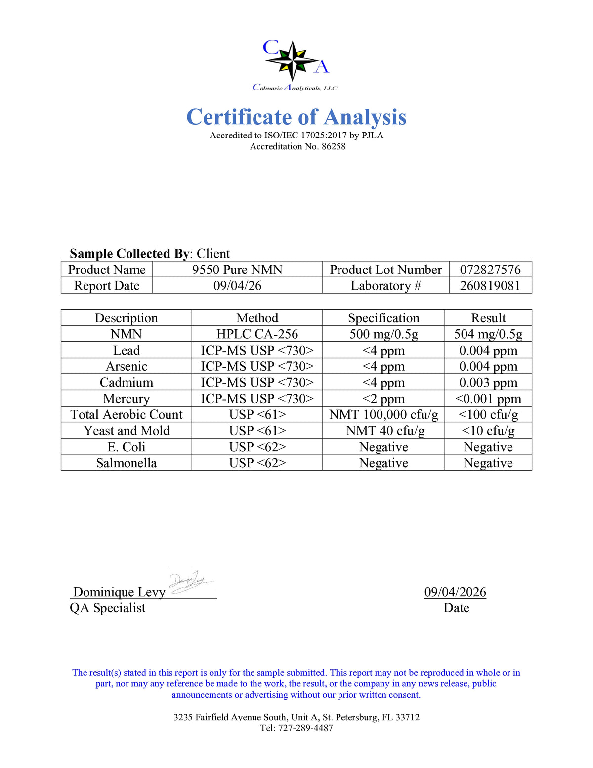A document titled 'Certificate of Analysis' with a blue and white logo at the top, containing sample collection details, test results for NMN, lead, arsenic, cadmium, metyrcine, total aerobic count, yeast and mold, E. coli, and salmonella, plus signatures and a footer with contact information.