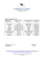 A document titled 'Certificate of Analysis' with a blue and white logo at the top, containing sample collection details, test results for NMN, lead, arsenic, cadmium, metyrcine, total aerobic count, yeast and mold, E. coli, and salmonella, plus signatures and a footer with contact information.