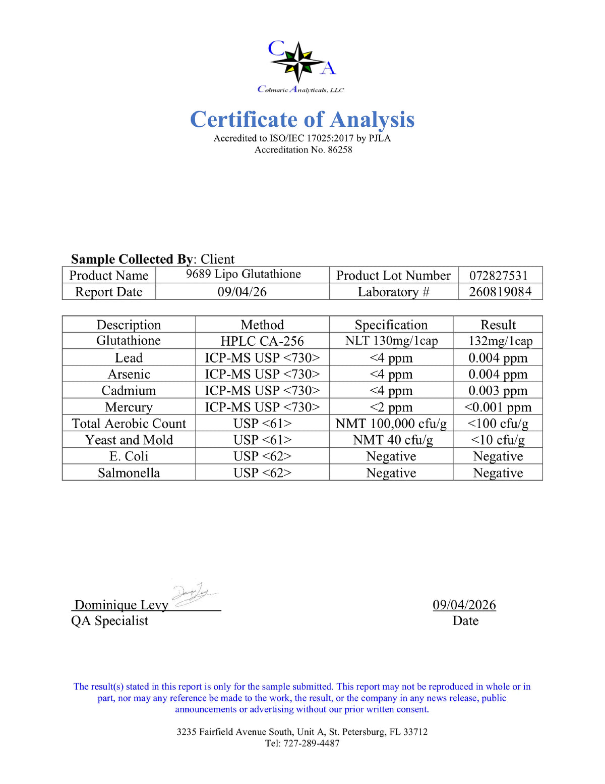 A scanned 'Certificate of Analysis' from Lippincott Auerbach & Co., dated 09/04/26, detailing the analysis results for a sample of glutathione.