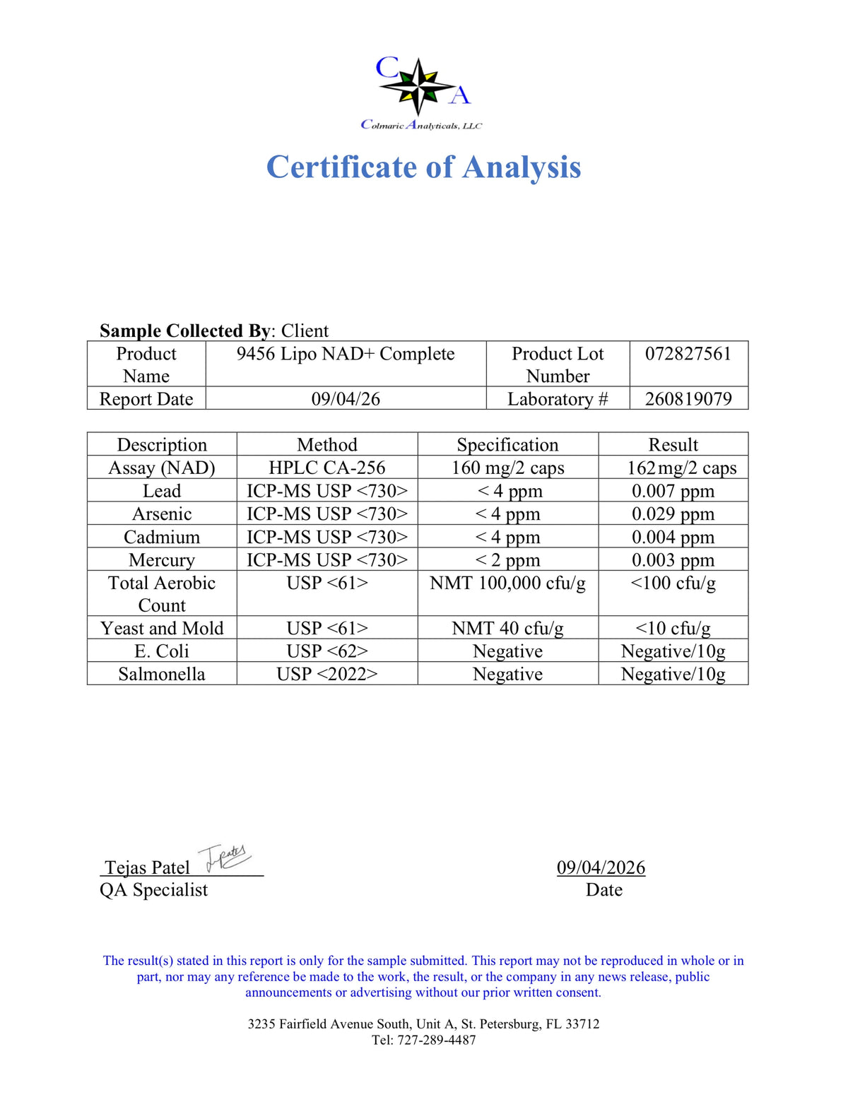 A Certificate of Analysis document from Cornerstone Laboratories LLC, dated 09.04.