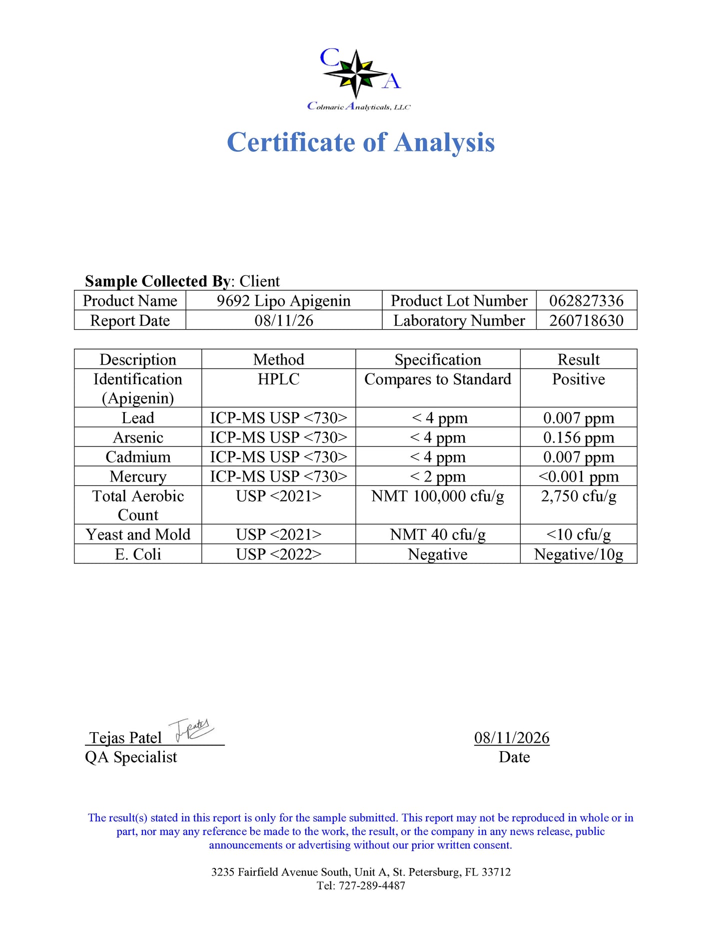 A document titled 'Certificate of Analysis' with a blue header and a table detailing product test results, including lead, arsenic, cadmium, and mercury concentrations, on a white background.