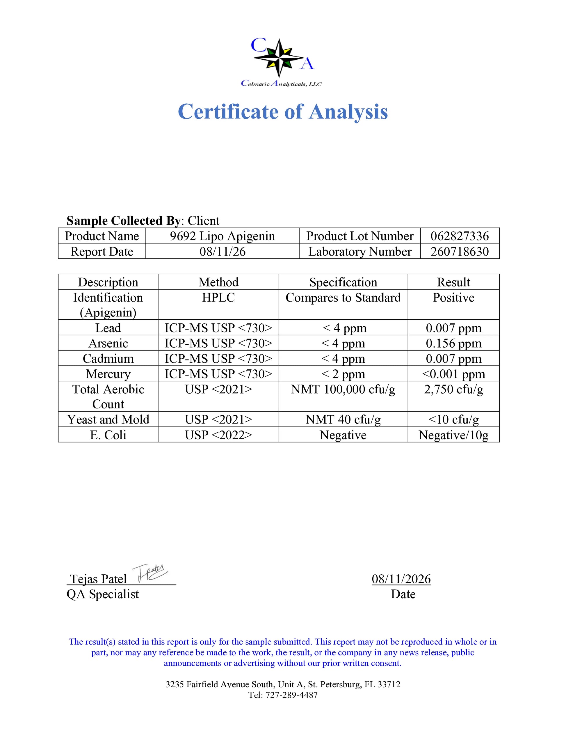 A document titled 'Certificate of Analysis' with a blue header and a table detailing product test results, including lead, arsenic, cadmium, and mercury concentrations, on a white background.