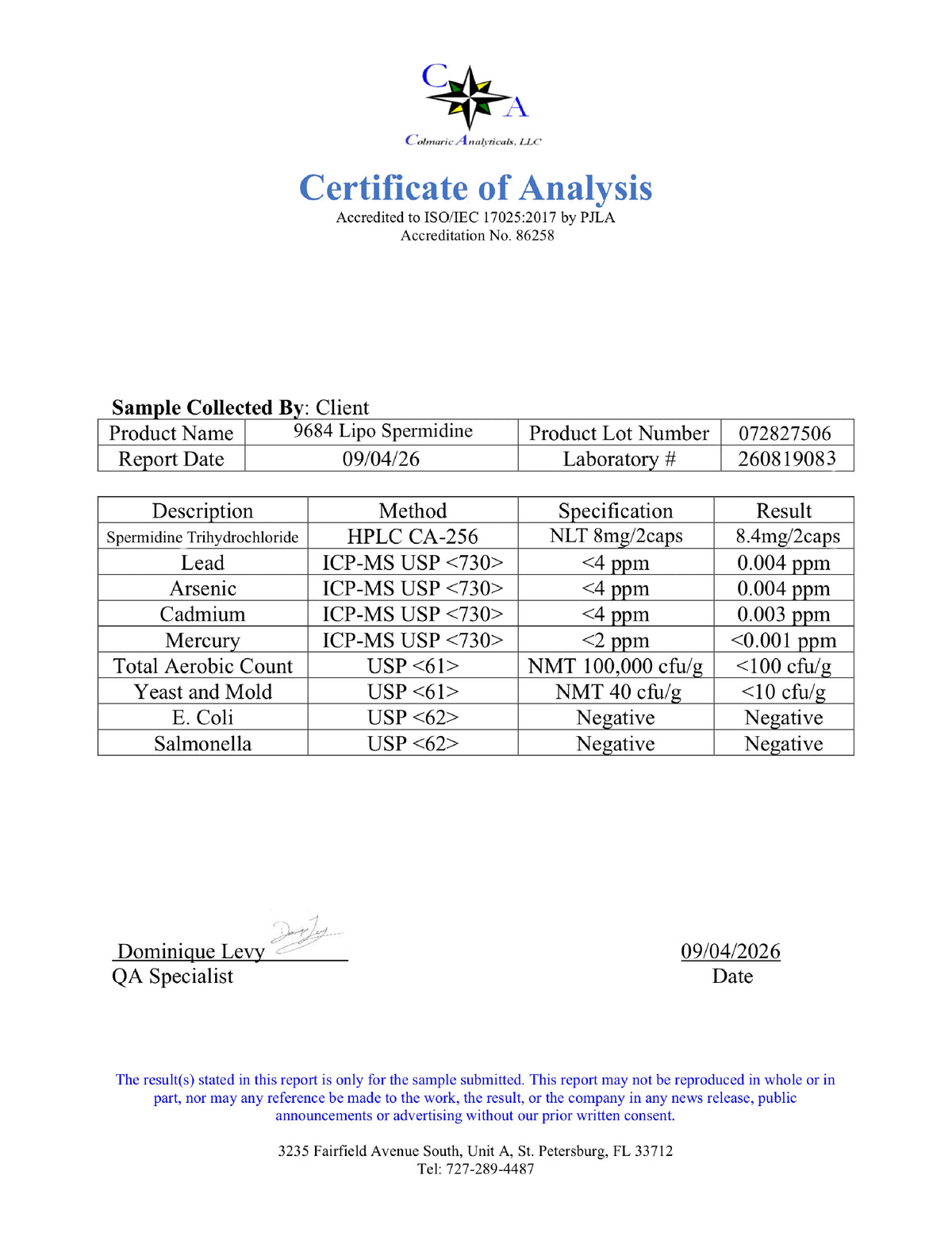 A scanned document titled 'Certificate of Analysis' from 'Quality Assurance International,' showing product testing details for HPLC-MS urine samples. The form includes product name, lot number, laboratory information, a table of test results, and signatures at the bottom.