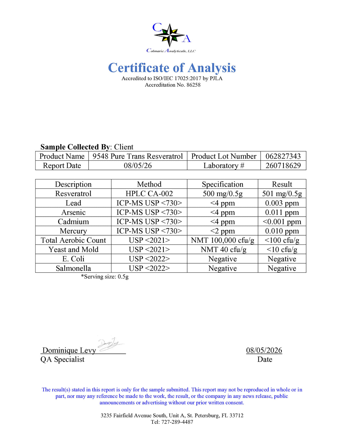 A document titled 'Certificate of Analysis' from Transverse Control, showing test results for a product lot. The page includes product details, a table with chemical measurements and results, signatures, and a footer address at the bottom.