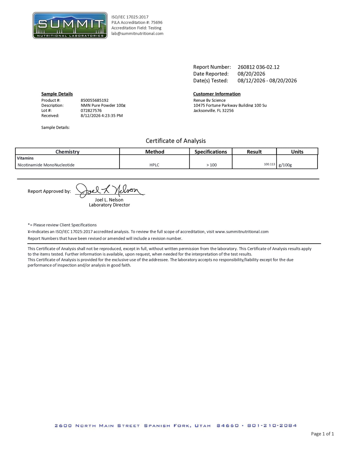 A scanned document page showing a Certificate of Analysis from Summit Laboratories, Inc., with sample details, a table for chemistry results, and approval signatures.