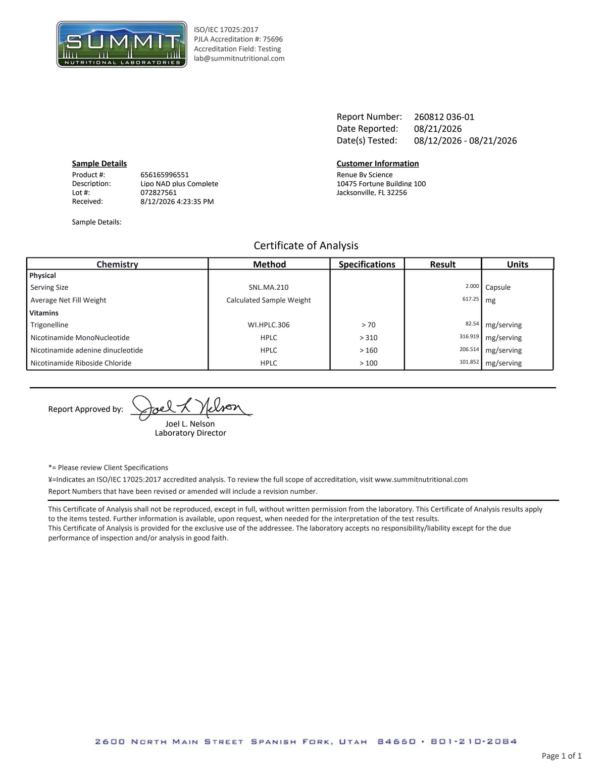 A document page showing a Certificate of Analysis from Summit Laboratories, Inc., with tables of test results for a product and a signed approval section at the bottom.