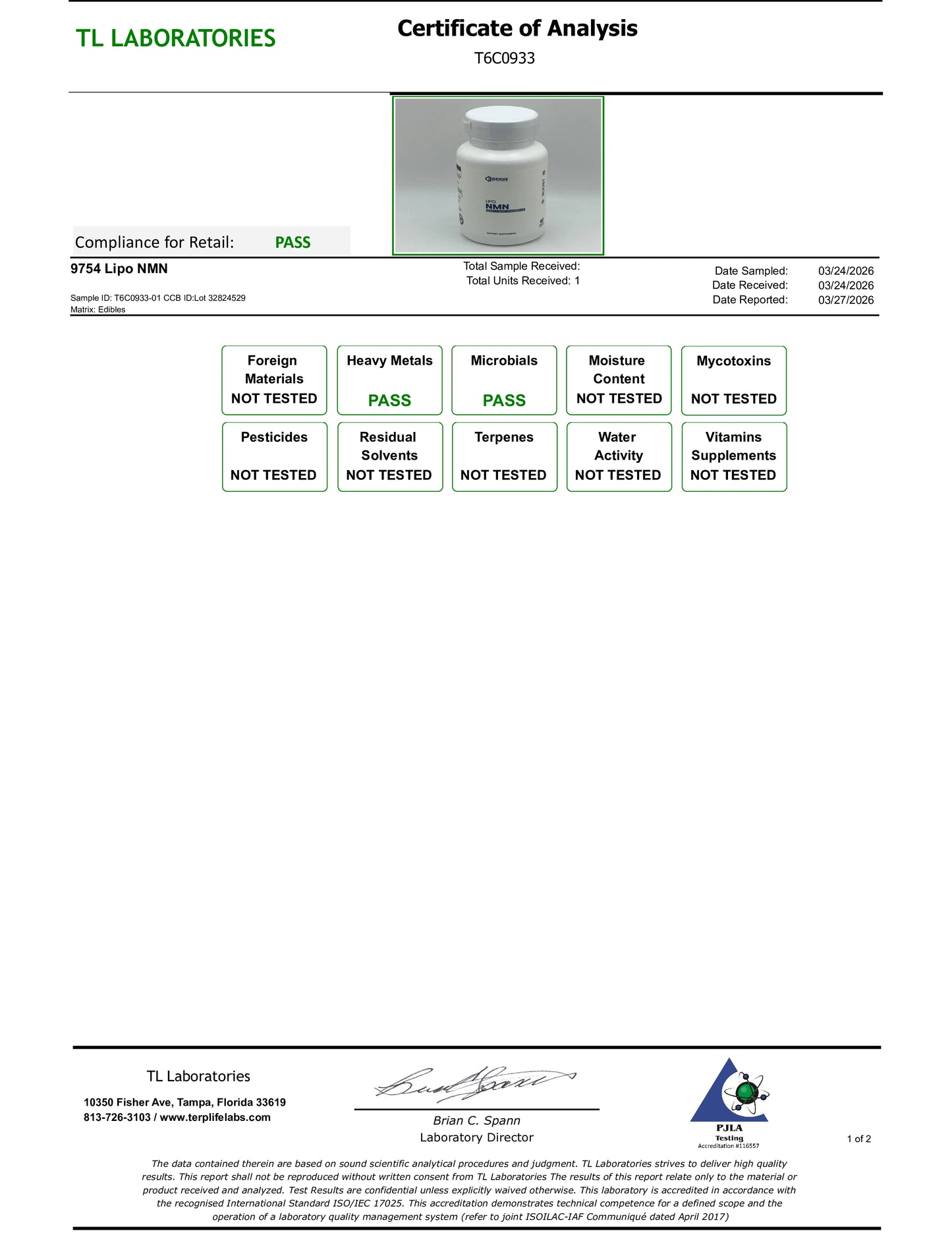 Certificate of Analysis from TL Laboratories with a product image and test results.