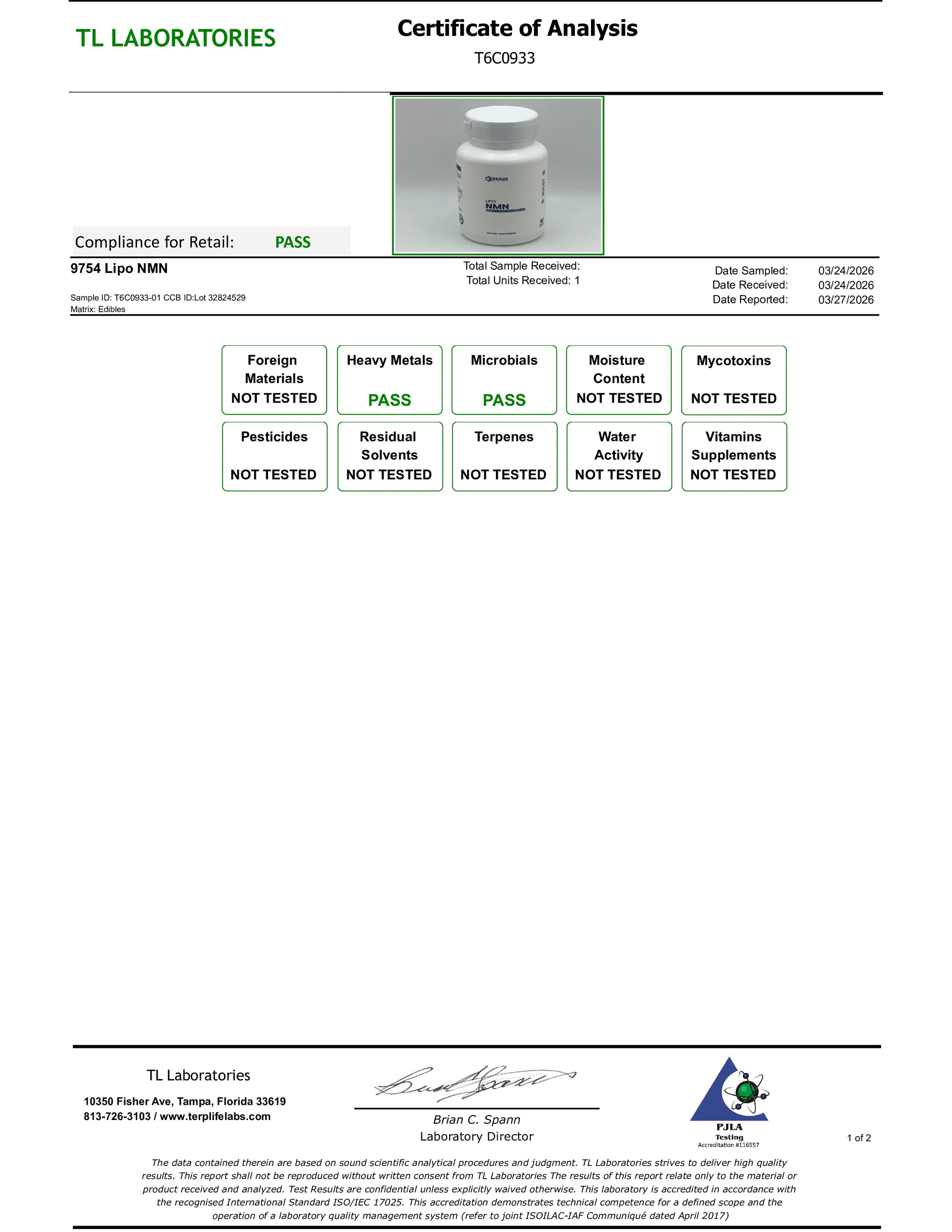 Certificate of Analysis from TL Laboratories with a product image and test results.