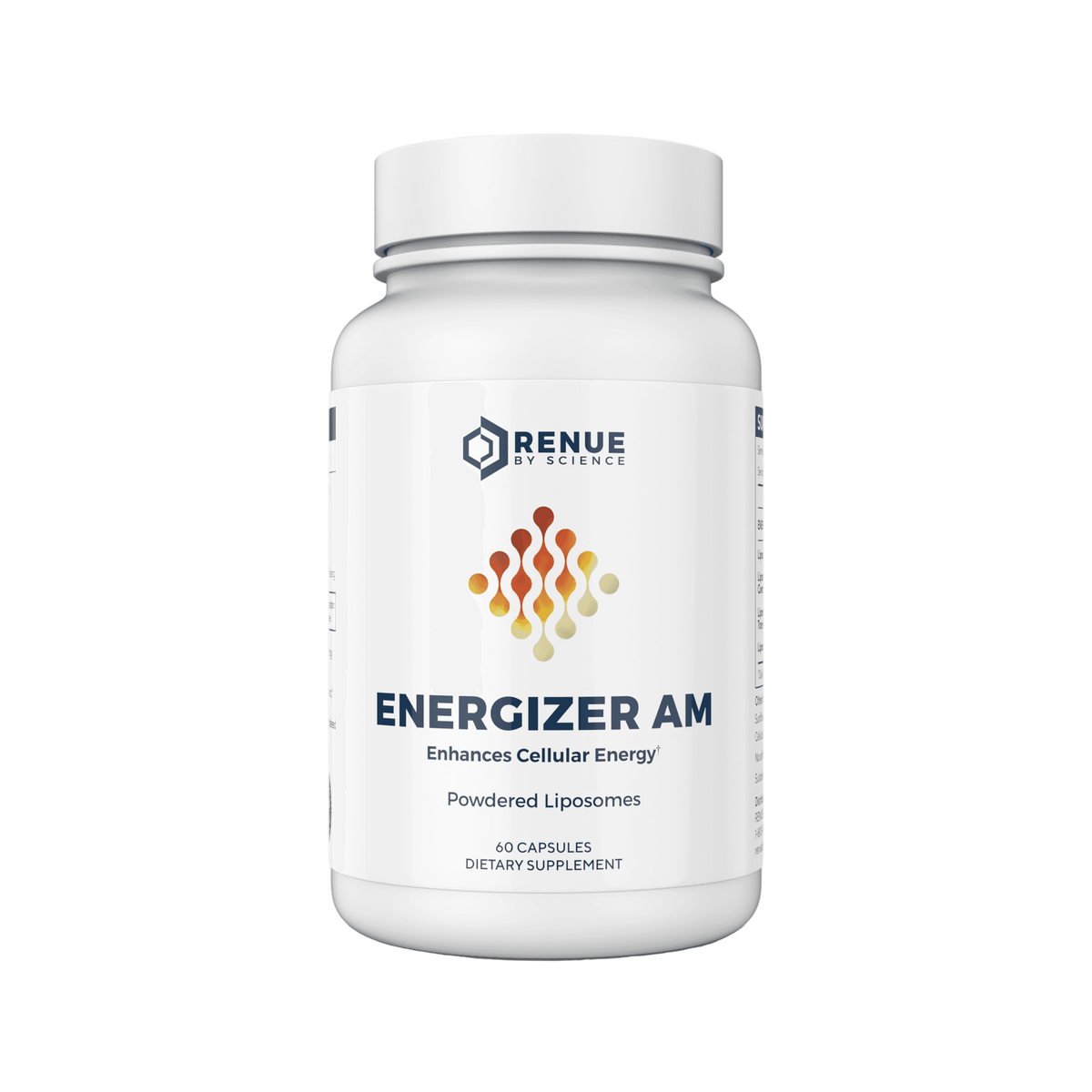 Supplement bottle labeled 'Energizer AM' by Renue on a white background