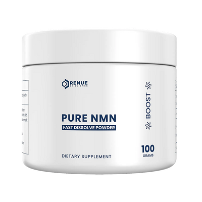 White container of Pure NMN dietary supplement with Renue by Science branding on a white background