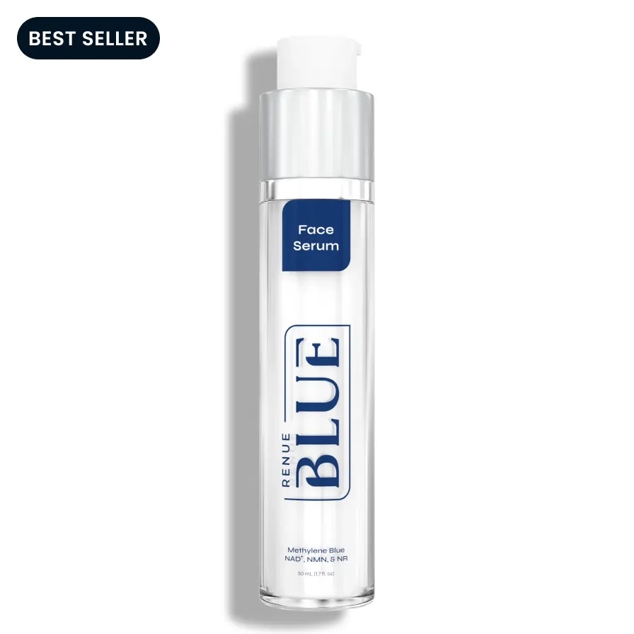 Renew Blue face serum bottle on a white background