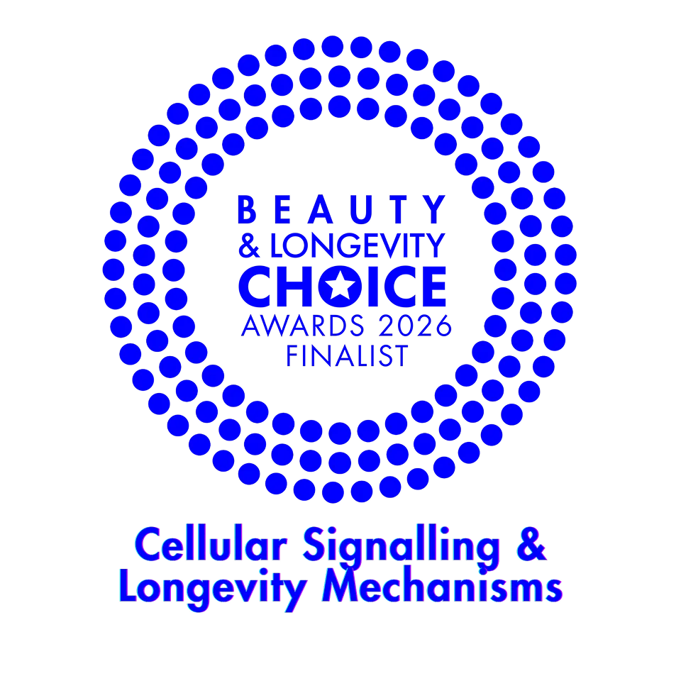 Logo for Beauty & Longevity Choice Awards 2026 Finalist in Cellular Signalling & Longevity Mechanisms with blue circular design.