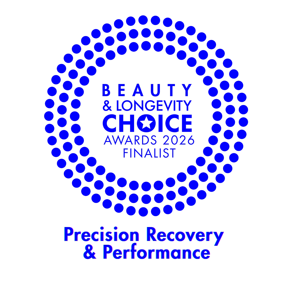 Logo for Beauty & Longevity Choice Awards 2026 Finalist in Precision Recovery & Performance category with blue circular design.