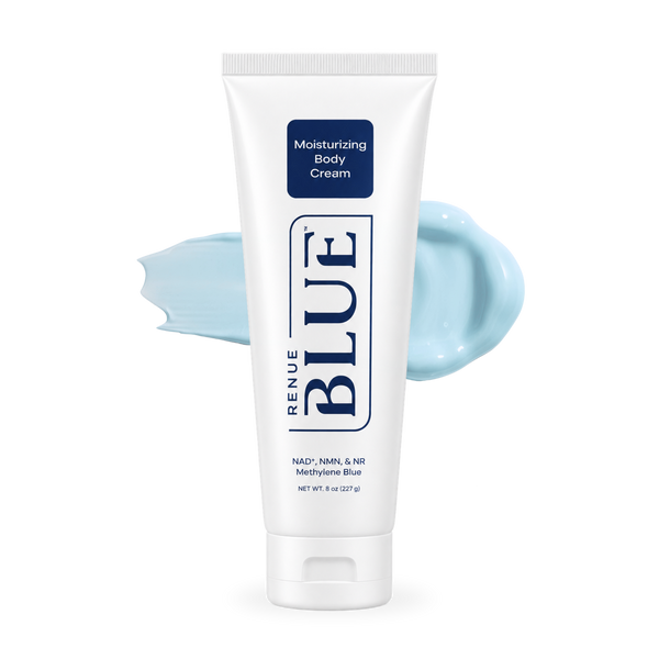 A white squeeze tube of Renue Blue Moisturizing Body Cream with a light blue cream smear behind it on a white background.