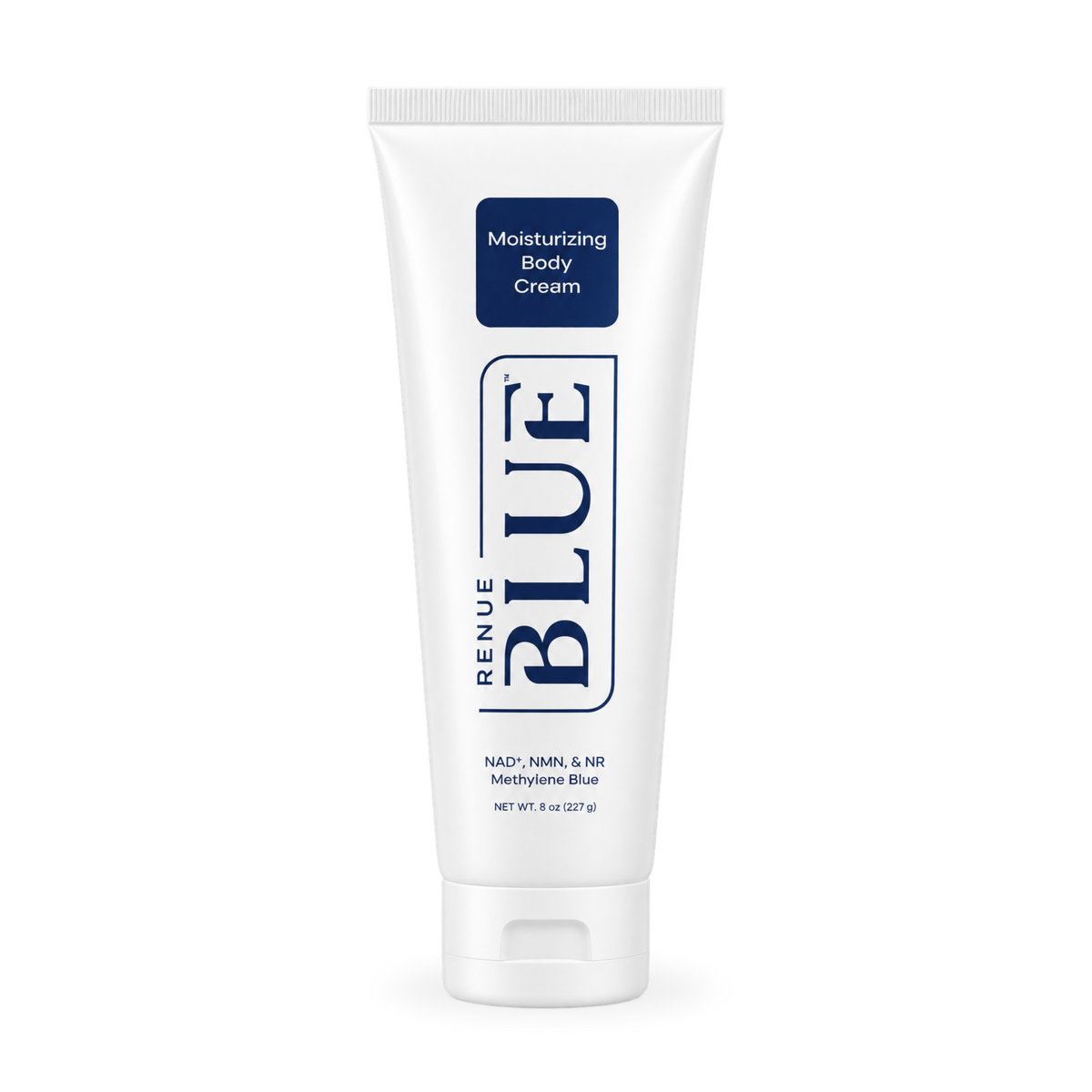 A white squeeze tube of RENUE BLUE Moisturizing Body Cream with navy blue text and logo, set against a plain white background.