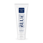 A white squeeze tube of RENUE BLUE Moisturizing Body Cream with navy blue text and logo, set against a plain white background.
