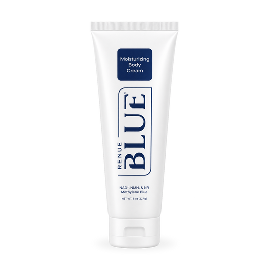 A white squeeze tube of RENUE BLUE Moisturizing Body Cream with navy blue text and logo, set against a plain white background.