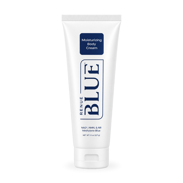 A white squeeze tube of RENUE BLUE Moisturizing Body Cream with navy blue text and logo, set against a plain white background.