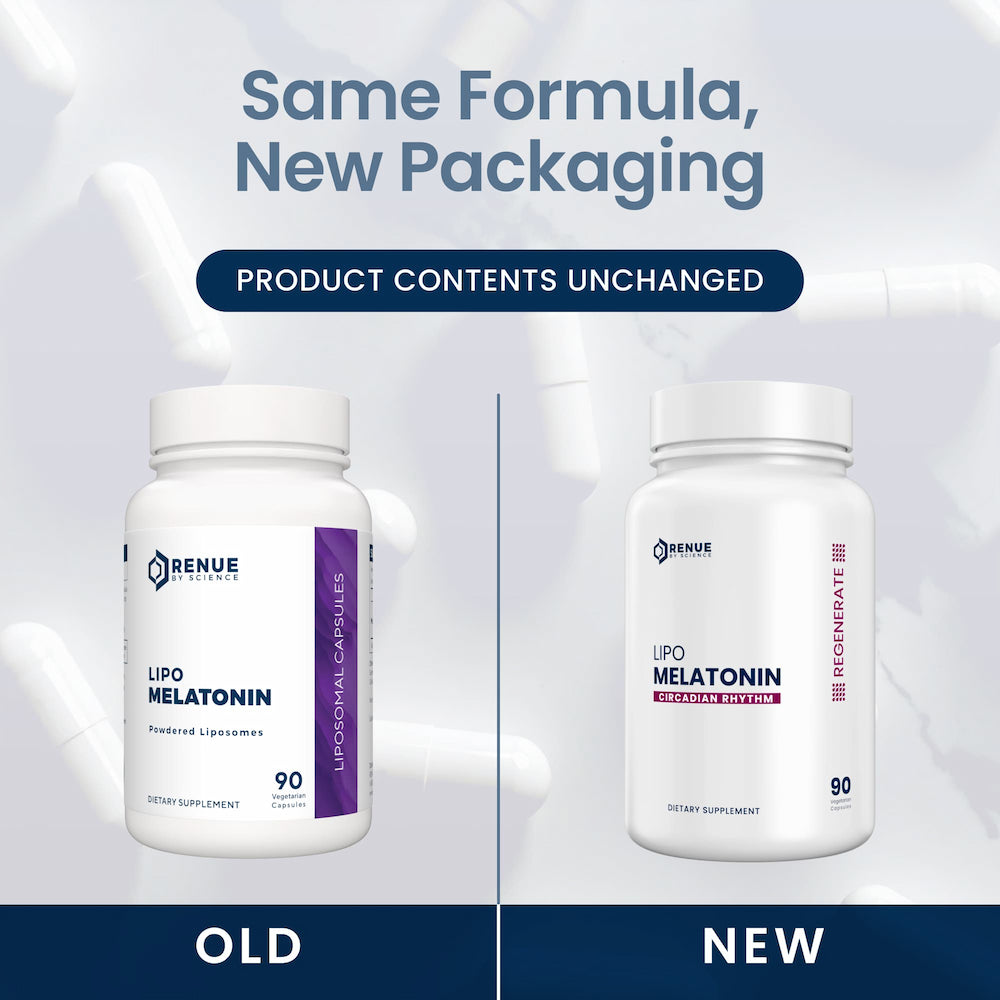 Two bottles of Renu Lipo Melatonin with 'Same Formula, New Packaging' text on a light gray background.