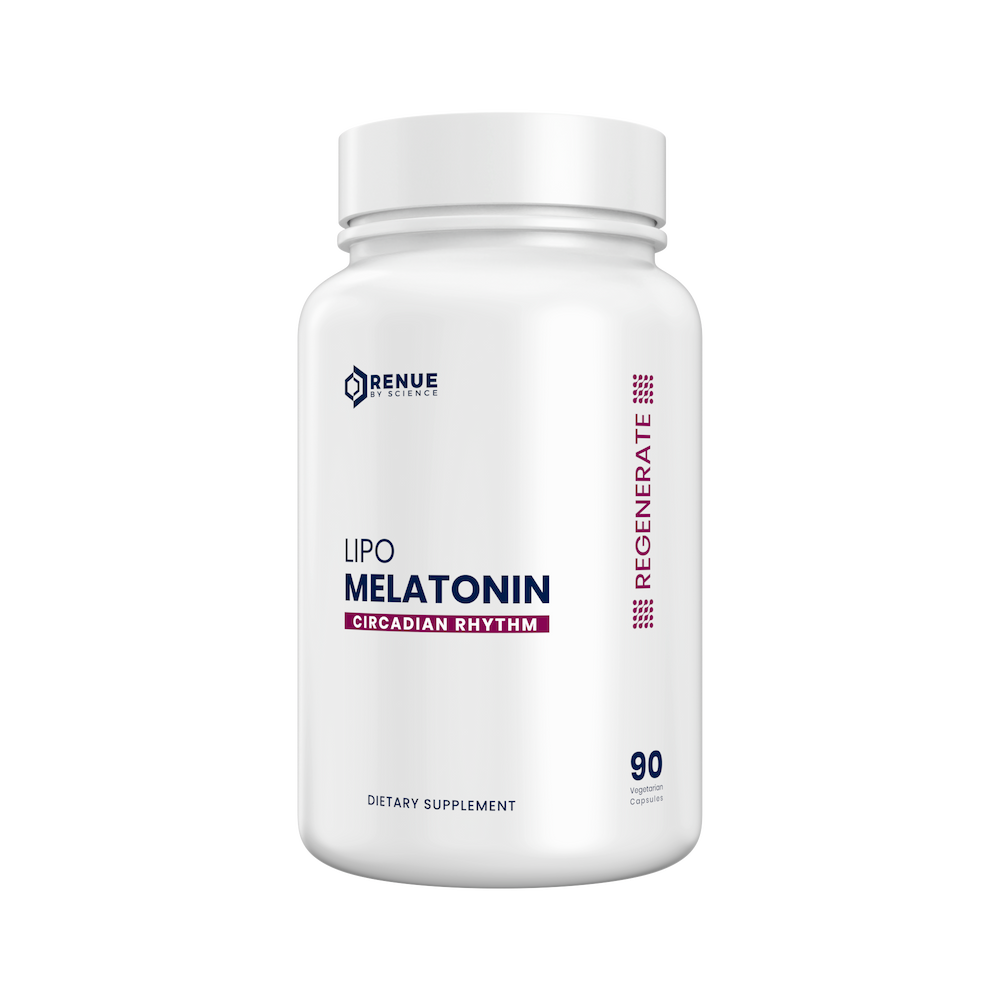 Supplement bottle labeled 'Lipo Melatonin' by Renve on a white background