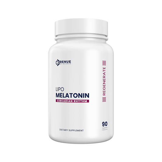 Supplement bottle labeled 'Lipo Melatonin' by Renve on a white background