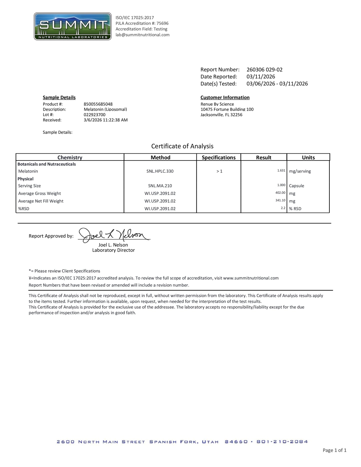 Summit Certificate of Analysis document with test results and signature