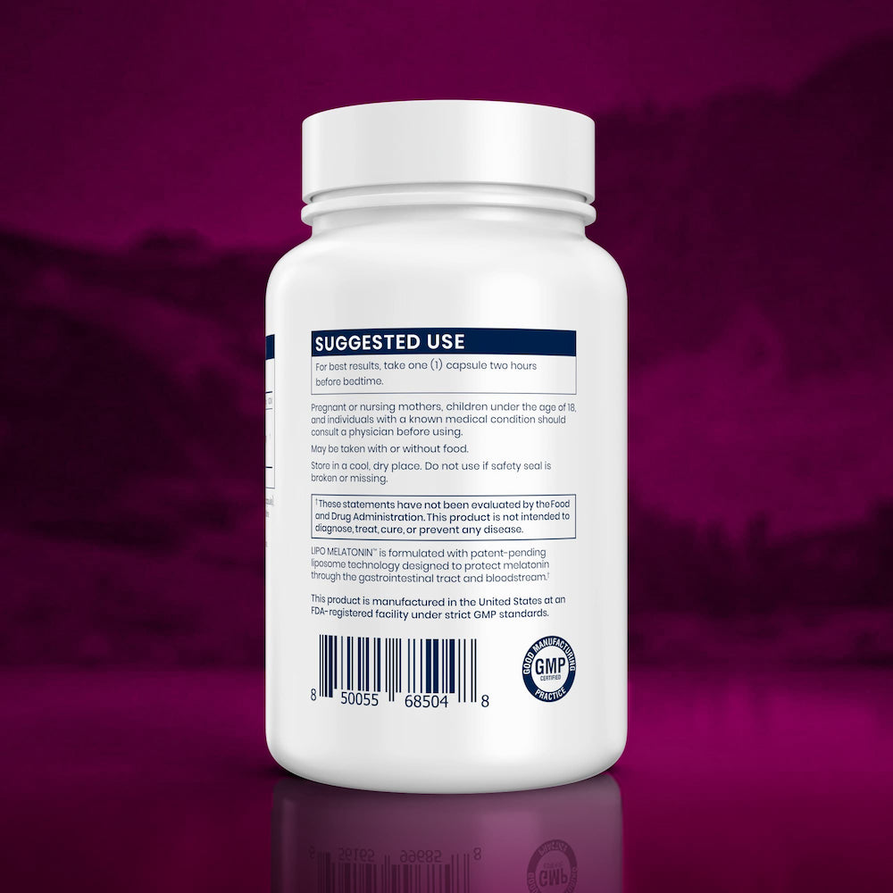 White supplement bottle with label on a purple background