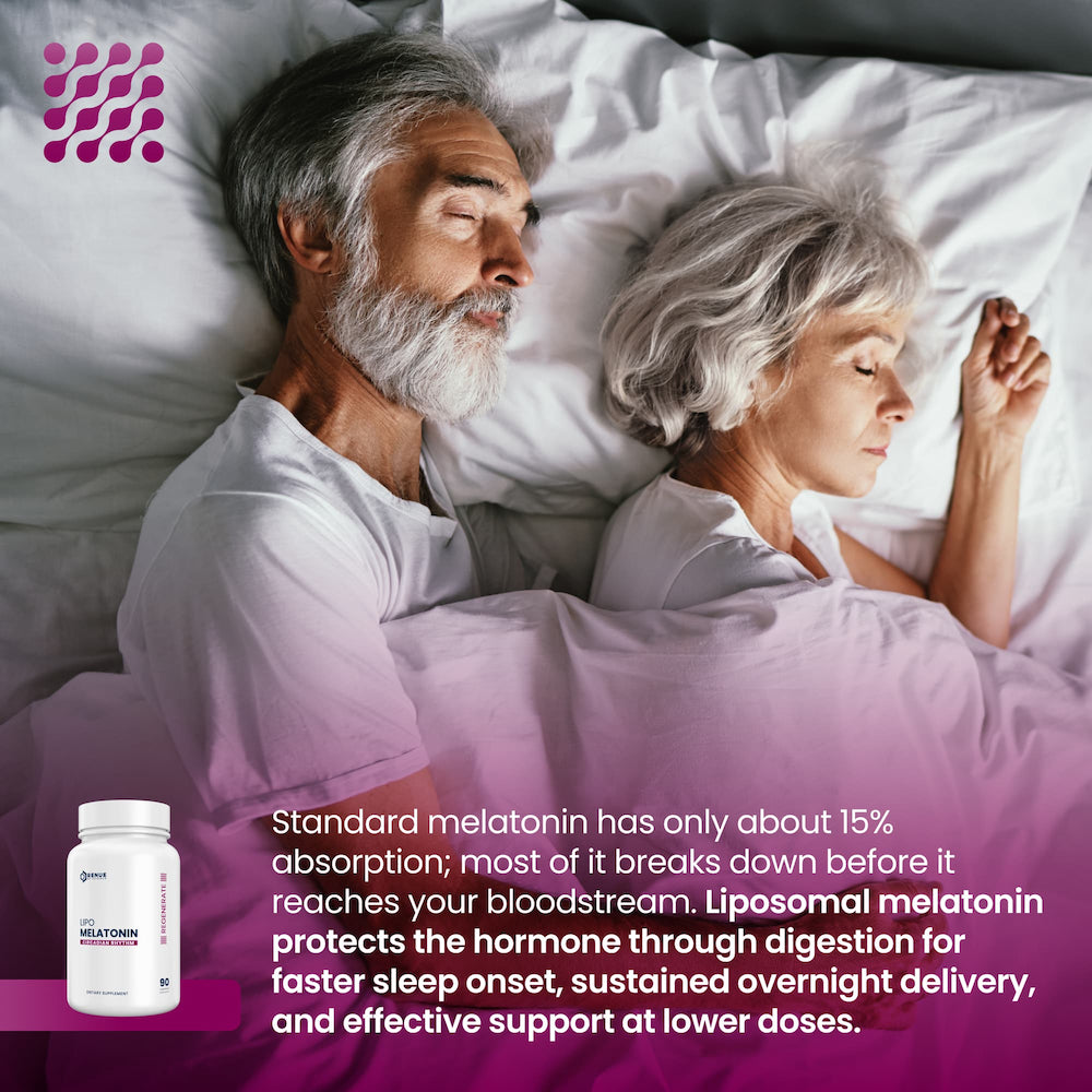 Two elderly people lying in bed with a supplement bottle and text about melatonin.