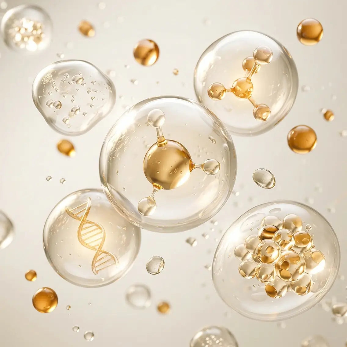 Gold molecular structures and DNA symbol in clear bubbles on a light background