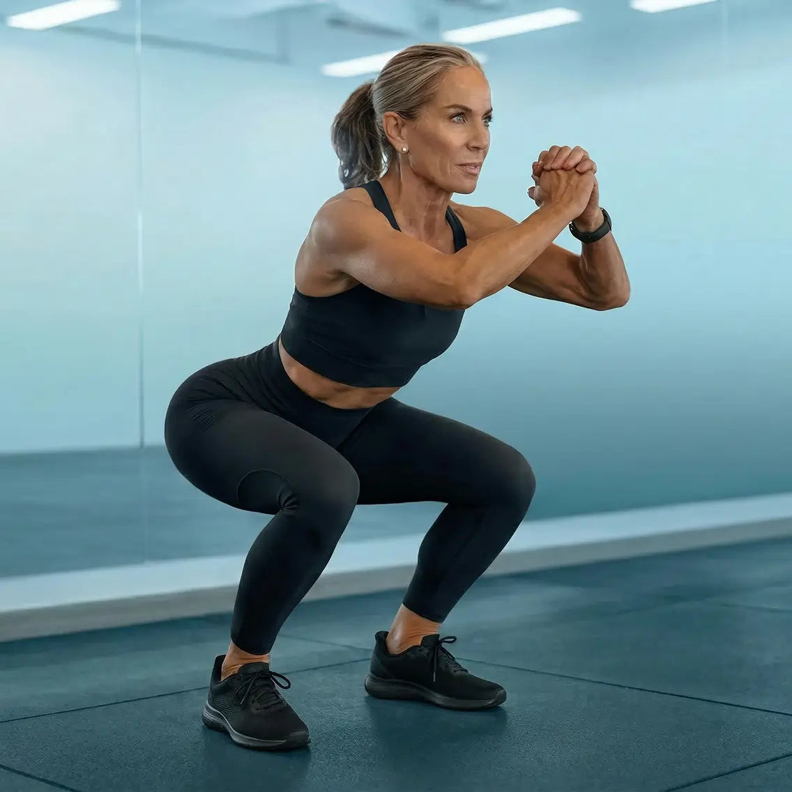 Woman in black athletic wear performing a squat exercise in a gym setting.