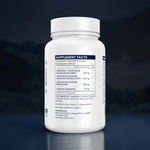 Supplement bottle with label on a dark background
