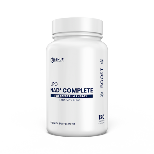 Supplement bottle labeled 'Lipo NAD+ Complete' on a white background