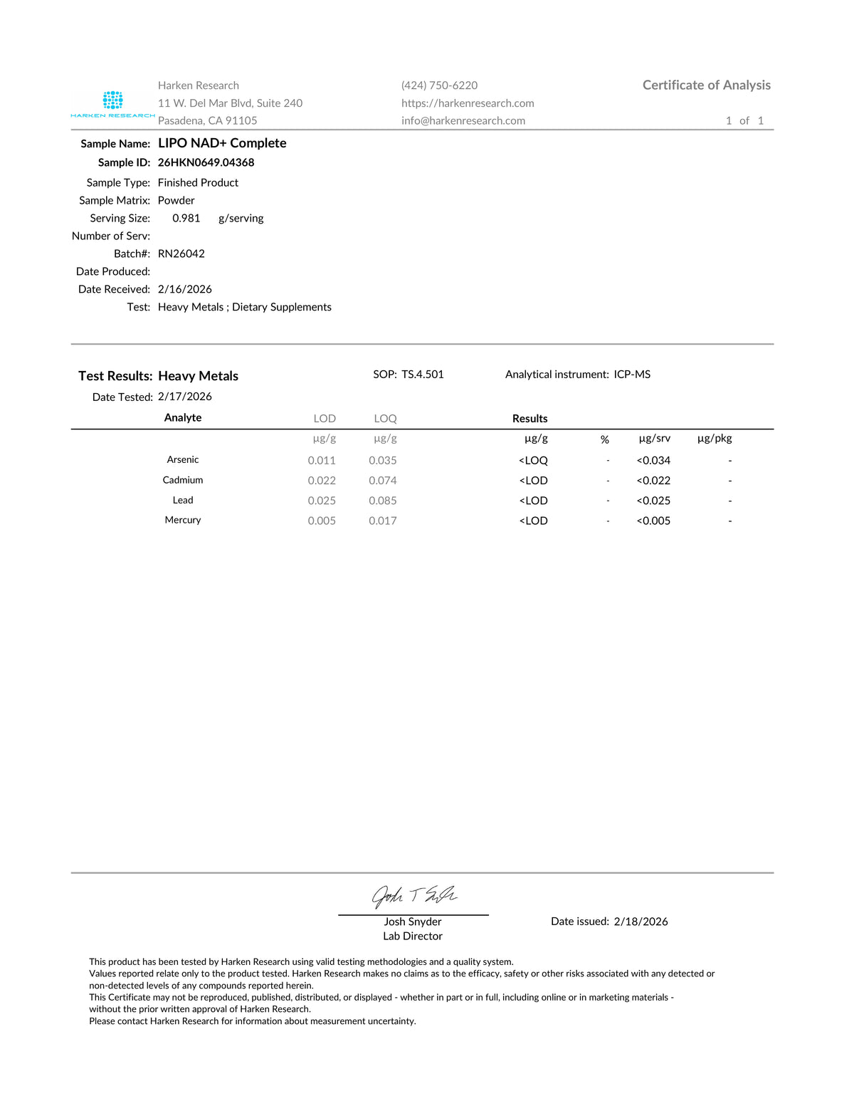 Certificate of Analysis for a dietary supplement with metal content testing results.
