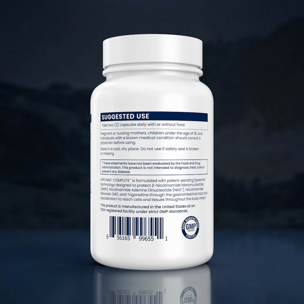 Supplement bottle with label on a dark background
