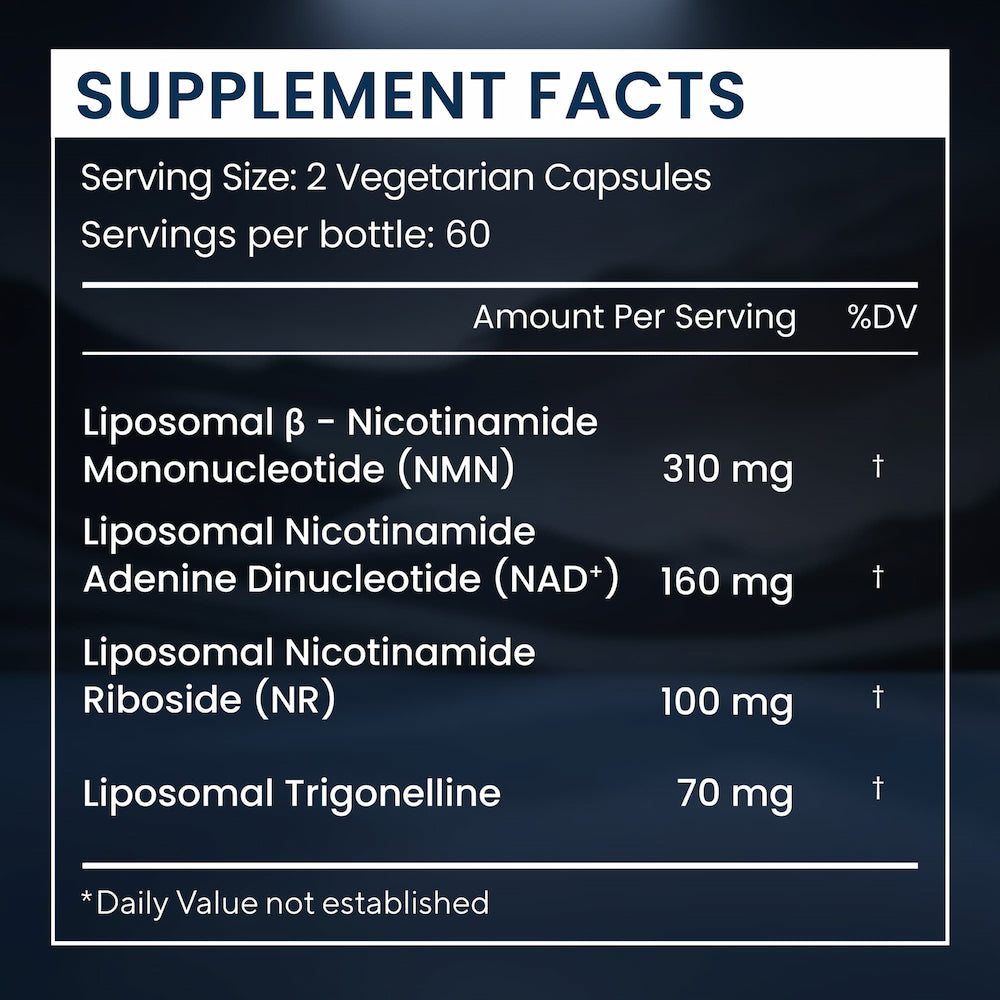 Supplement facts label with various liposomal components and their amounts per serving.