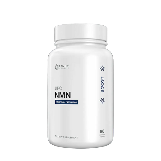 Supplement bottle labeled 'Lipo NMN' on a dark background