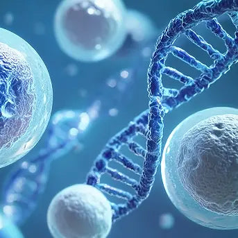 Illustration of DNA strands and cellular structures on a blue background
