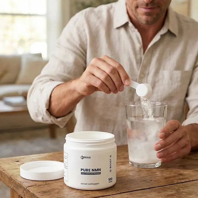 Man adding powder from a container labeled 'PURE NMN' into a glass of water on a wooden table.