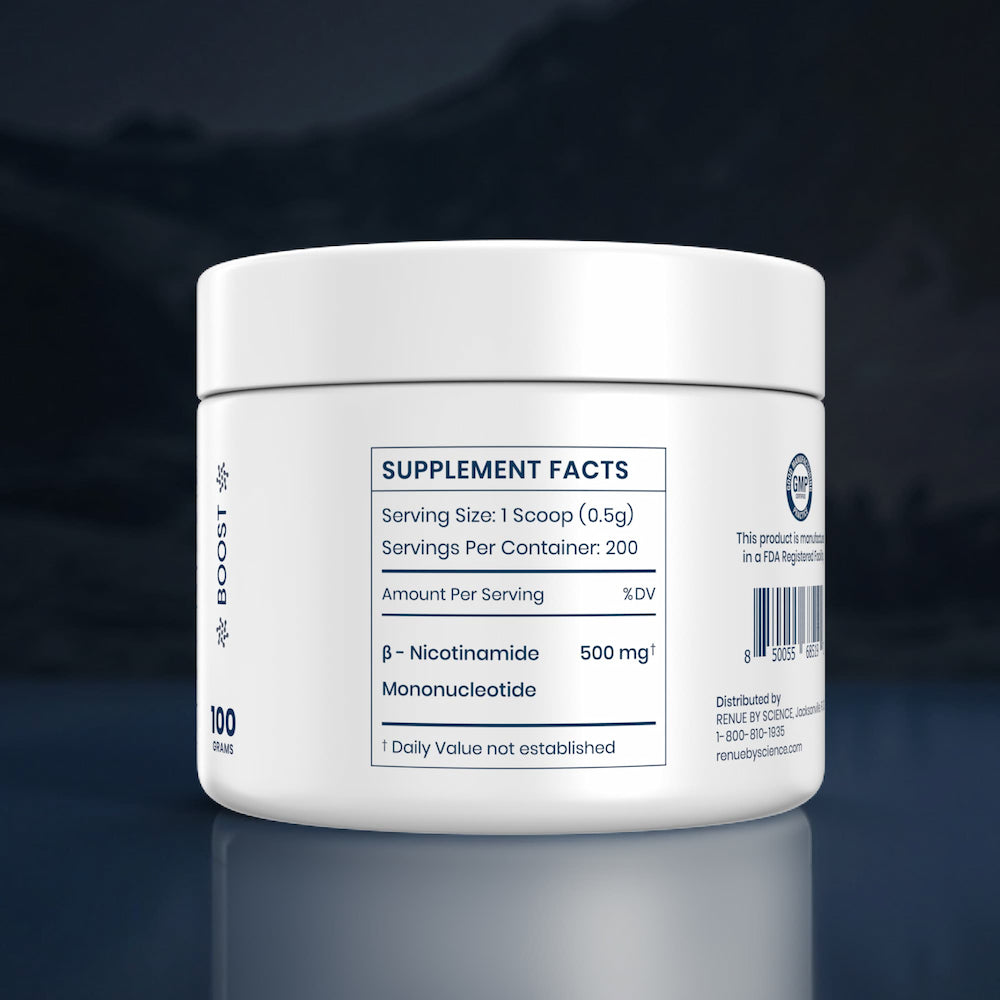 White supplement container with label on a dark background