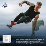 Person in athletic pose with NAD+ supplement container and text about NAD+ benefits.