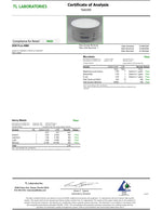 Certificate of Analysis from TL Laboratories with product image and test results.