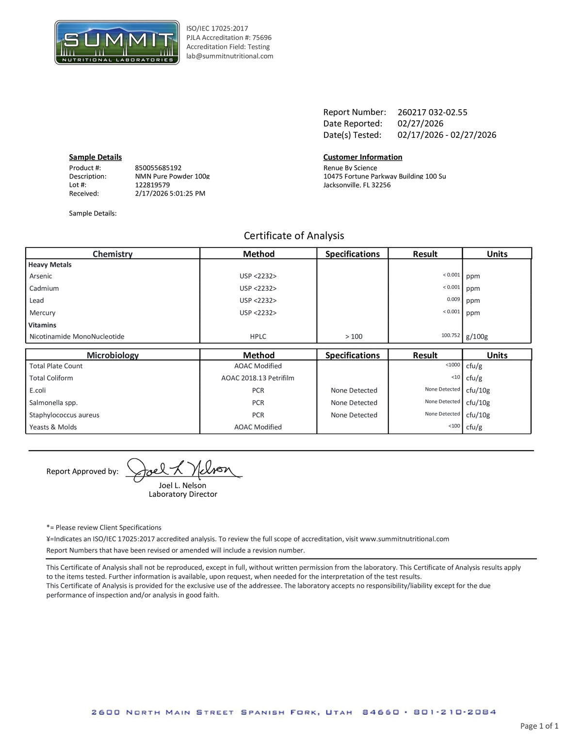 Summit certificate of analysis document with test results and sample details.