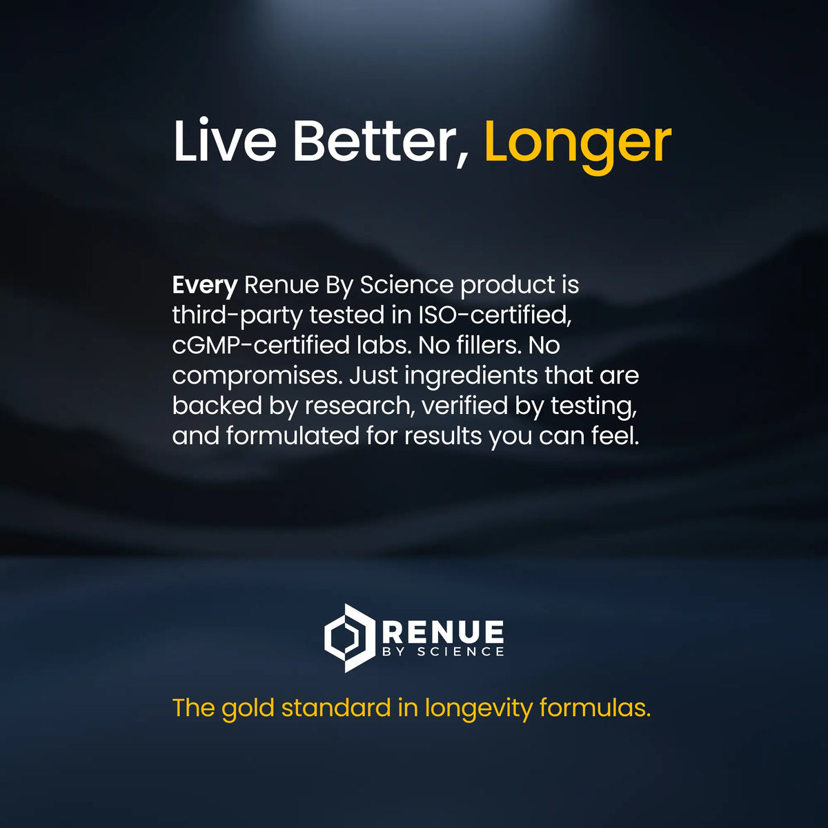 Promotional text for Renue by Science with a dark background and brand logo.