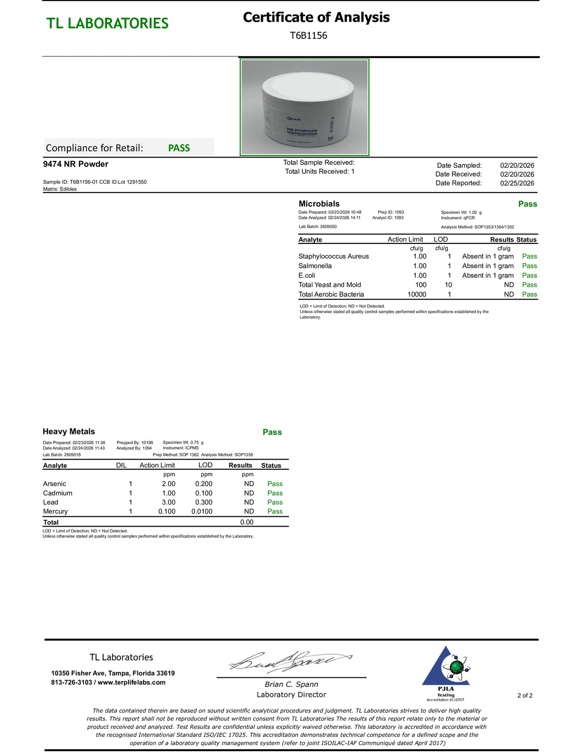 Certificate of Analysis from TL Laboratories with a product image on a white background