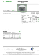 Certificate of Analysis from TL Laboratories with a product image on a white background