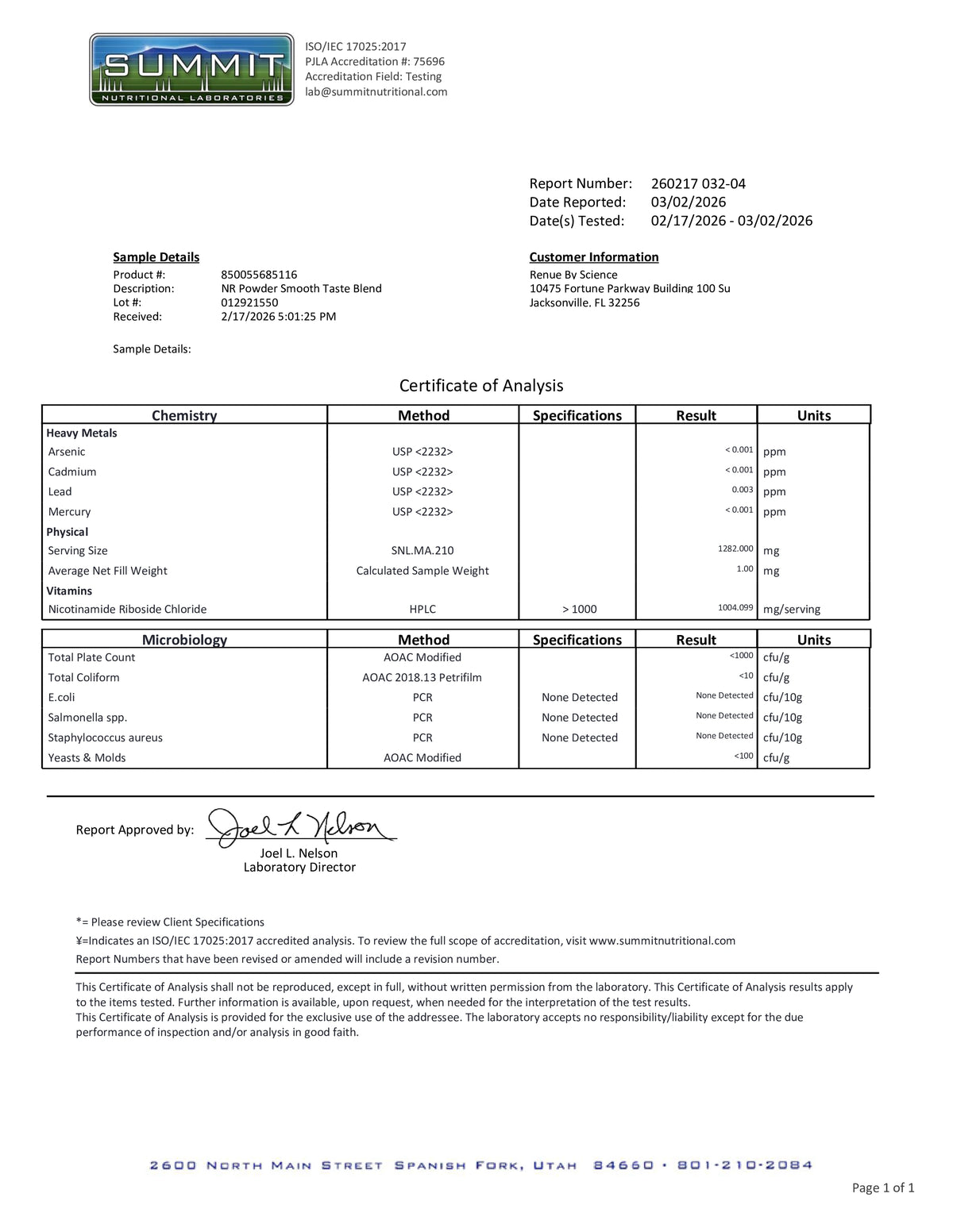Summit certificate of analysis for a sample of NBR Powder Smooth Talc Free Blend