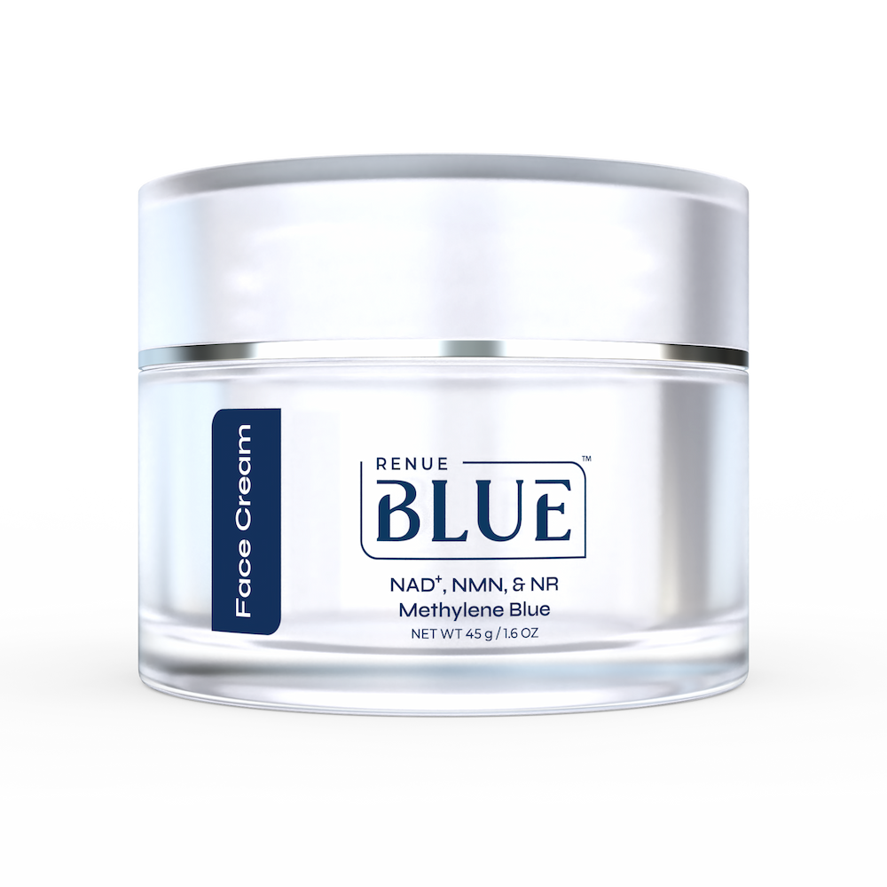 Jar of Renue Blue Face Cream on a white background
