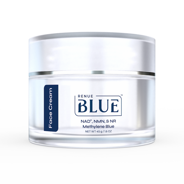 Jar of Renue Blue Face Cream on a white background