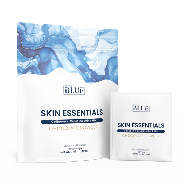 Two packages of Blue Skin Essentials Chocolate Powder on a white background