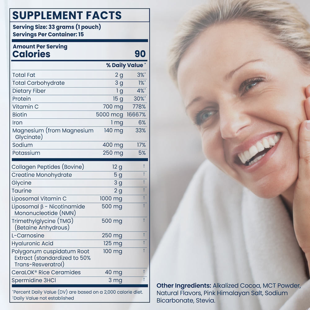 Supplement facts label with a smiling woman in the background